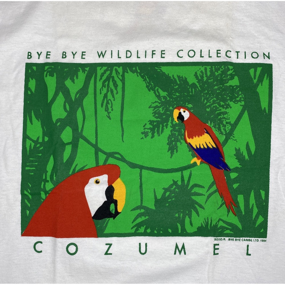 Bye Bye Cozumel Parrots T-Shirt Mens M Tropical Graphic Tee 90s Top 1994 Vintage